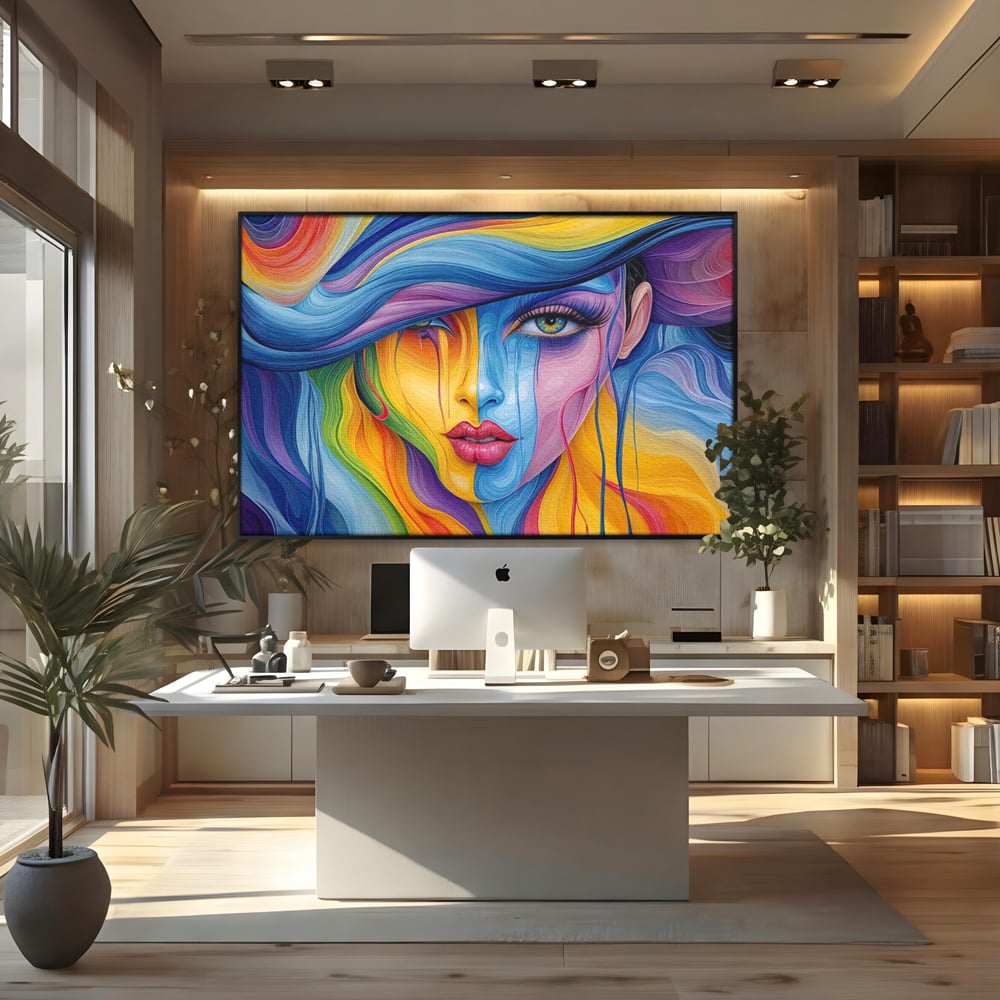 Tablou canvas cu tablou canvas cu portret de femeie in culori curcubeu, in rama de aluminiu negru, pe perete intr-un birou